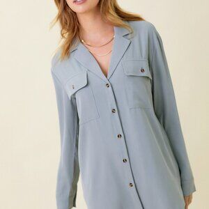 MYSTREE Light Blue Button-Down Blouse, Relaxed Fit Collared Shirt, Soft Flowy